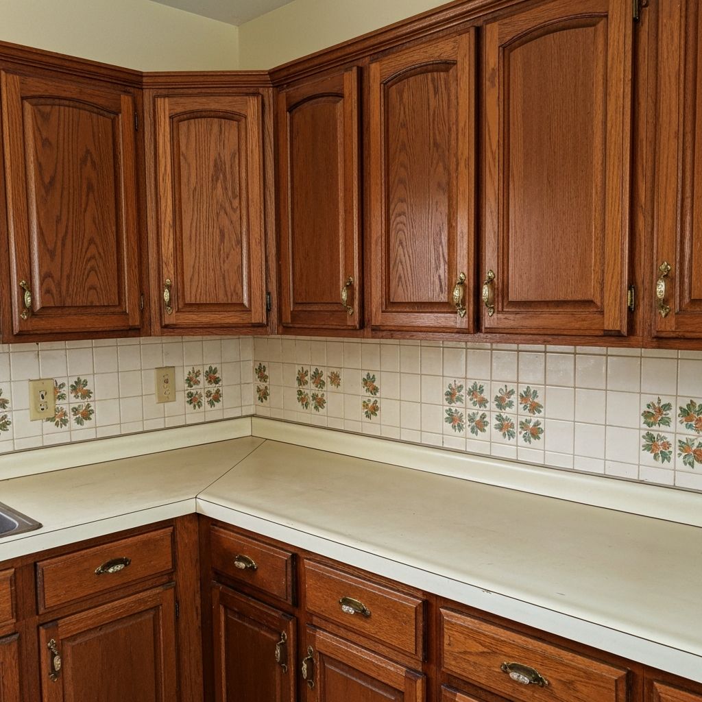 Before: Dated oak cabinets